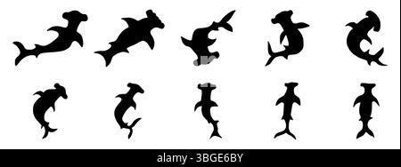 Hammerhai Silhouette Set, schwarze Hand gezeichnete flache Vektor-Illustration von Hammerhai isoliert Stock Vektor
