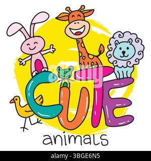 Tiere mit dem Wort süße Tiere. Stock Vektor