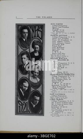 Das Jahrbuch der North High School 1921, The Polaris Annual, dokumentiert die Geschichte der Schule seit ihrer Gründung im Jahr 1893. Das Jahrbuch zeigt den Direktor Charles D. Everett, der die Schule 35 Jahre lang leitete. Das erste Gebäude, das Frank L. Packard im romanischen Stil entworfen hatte, wurde 1924 durch ein neues Gebäude ersetzt. Die Schule wurde 1979 geschlossen und 2012 wieder als Columbus International High School eröffnet. Stockfoto