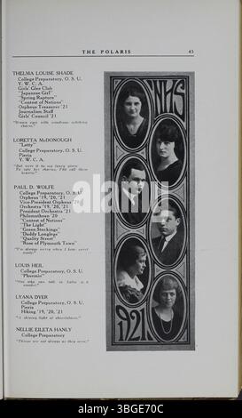 Das Polaris Annual Jahrbuch von 1921 dokumentiert die Geschichte der North High School, beginnend mit der Eröffnung 1893 unter dem Direktor Charles D. Everett. Die Schule im romanischen Stil wurde 1924 durch ein neues Gebäude an der East Arcadia Avenue ersetzt. Diese Schule wurde 2012 als Columbus International High School wiedereröffnet. Stockfoto