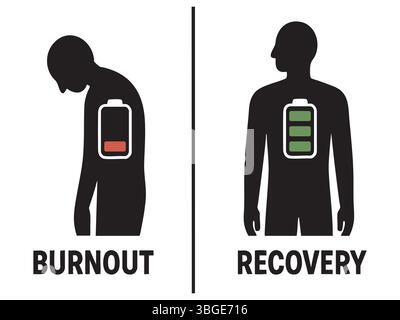 Silhouettendarstellung von Burnout und Erholung in menschlichen Figuren, Batteriesymbolkonzept, grafische Darstellung. Psychische Gesundheit, Müdigkeit, Verjüngung, Stock Vektor