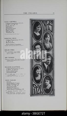 Das Jahrbuch 1921 für die North High School mit dem Titel The Polaris Annual erinnert an das Vermächtnis der Schule seit ihrer Eröffnung im Jahr 1893. Das von Frank L. Packard entworfene Gebäude war ein romanisches Steinbauwerk, das 1924 ersetzt wurde. Die Schule zog später in die East Arcadia Avenue und wurde 2012 als Columbus International High School wiedereröffnet. Stockfoto