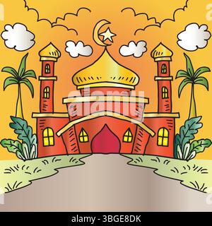 Illustration einer Moschee auf gelbem Hintergrund mit Palmen und Wolken Stock Vektor