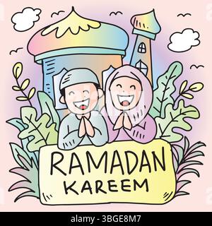 Ramadan kareem Grußkarte mit muslimischem Paar. Vektorabbildung. Stock Vektor