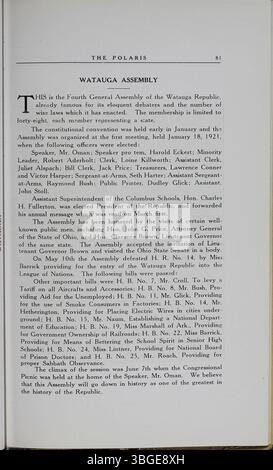 Das Jahrbuch der North High School für 1921, The Polaris Annual, beschreibt das von Frank L. Packard im Jahr 1893 entworfene Gebäude im romanischen Stil und den Umzug von 1924. Direktor Charles D. Everett diente ab 1893 über drei Jahrzehnte lang. Die Schule wurde 2012 als Columbus International High wiedereröffnet. Stockfoto