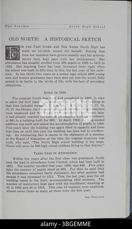 Das Jahrbuch 1924 der North High School, The Polaris Annual, beleuchtet die Entwicklung der Schule. Das 1893 erbaute Gebäude wurde von Frank L. Packard im romanischen Stil entworfen. Nachdem die Schule 1979 geschlossen wurde, wurde sie 2012 als Columbus International High School wieder eröffnet, nachdem sie 1921 vom Columbus Board of Education erworben wurde. Stockfoto