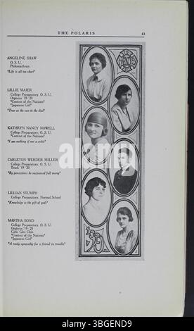 Diese Seite aus dem Jahrbuch der North High School 1920, The Polaris Annual, beleuchtet wichtige Momente in der Geschichte der Schule, einschließlich der Gestaltung des ursprünglichen romanischen Revival-Gebäudes im Jahr 1892, seiner Ersetzung im Jahr 1924 und der Schließung im Jahr 1979. Die Seite beschreibt auch die Wiedereröffnung der Schule im Jahr 2012 als Columbus International High School. Stockfoto
