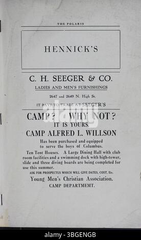 Das Polaris Annual Yearbook of North High School (1920) beschreibt die Geschichte und das Leben der Schüler. Die erste North High School wurde 1893 von Frank L. Packard im romanischen Stil gegründet. Das ursprüngliche Gebäude an der 100 West 4th Avenue wurde 1924 durch ein neues Gebäude ersetzt. Diese Schule, Teil der Columbus Public Schools, wurde 1979 geschlossen und 2012 als Columbus International High School wieder eröffnet. Stockfoto