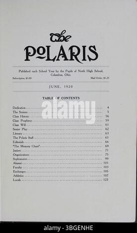 Das Polaris Annual Jahrbuch 1920 der North High School spiegelt die Ursprünge und Entwicklung der Schule wider. Die erste Schule wurde 1893 vom Architekten Frank L. Packard gebaut. Es war ein Gebäude im romanischen Stil an der 100 West 4th Avenue. 1924 wurde es durch ein neues Gebäude an der Arcadia Avenue in Clintonville ersetzt. Die Schule wurde 1979 geschlossen und 2012 als Columbus International High School wieder eröffnet. Stockfoto