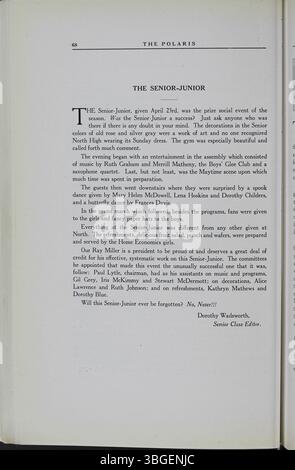 Das Jahrbuch der North High School aus dem Jahr 1920, „The Polaris Annual“, dokumentiert die Gründung der Schule im Jahr 1893 und ihre romanische Architektur. Das ursprüngliche Gebäude wurde von Frank L. Packard entworfen und befand sich an der 100 West 4th Avenue. Die Schule zog 1924 in die 100 East Arcadia Avenue um. Nach ihrer Schließung 1979 wurde die Schule 2012 zur Columbus International High School. Stockfoto