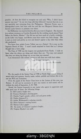 Das Jahrbuch „The Polaris Annual“ von 1920 beschreibt die Architektur- und Bildungsgeschichte der North High School. Die 1893 erbaute Schule wurde von Frank L. Packard als Gebäude im romanischen Stil an der 100 West 4th Avenue entworfen. Die Schule zog 1924 in die 100 East Arcadia Avenue, wobei ein neues Gebäude das alte ersetzte. Sie wurde 1979 geschlossen und 2012 in die Columbus International High School umgewandelt. Stockfoto