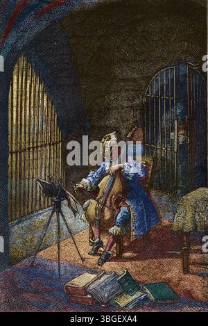 Ein Mann in der Iron Mask, der im Gefängnis Cello spielt Stockfoto