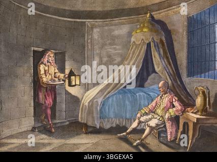 Der Mann in der eisernen Maske, ein Staatsgefangener, interniert im Gefängnis auf der Insel Sainte-Marguerite. Stockfoto