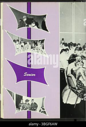 Das Jahrbuch der Reynoldsburg High School aus dem Jahr 1966, „Reynolian“, reflektiert die Bildungsgeschichte der Region, beginnend mit der Blockhütte, die 1819 als erste Schule in Truro Township diente. Eine zweistöckige Backsteinschule ersetzte sie 1858 und die Reynoldsburg Union Academy wurde 1868 gegründet. Die erste Abschlussklasse fand 1871 statt. 1925 wurde das Gebäude um einen dritten Stock erweitert und 1943 erschien das erste Jahrbuch. Stockfoto