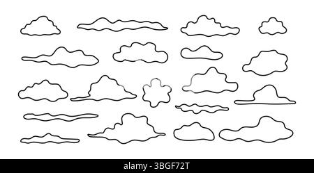 Sammlung von Wolkenformen mit schwarzer Kontur auf isoliertem weißem Hintergrund. Konzept der Wettersymbole, minimalistisch, abstraktes Himmelsdesign, Wolken setzen, grafische Illustration, Naturelemente. Clipart. Stock Vektor