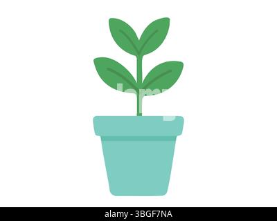 Junge Pflanze mit grünen Blättern im blauen Topf auf weißem Hintergrund, grafische Illustration. Konzept von Wachstum, Natur, Sämling, Blume, Wohnkultur, Gartenarbeit, Designelement, Botanik, Zimmerpflanze. Stock Vektor