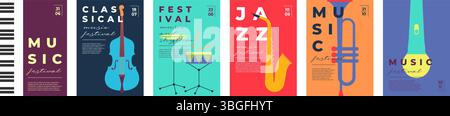 Posterset für Jazz- und Klassikfestival. Musikinstrumente Saxophon, Trompete und Klavier. Minimale bunte flache Vektordrucke. Klassische Sommerkonzerte, Partyflyer oder Festveranstaltungen. Stock Vektor