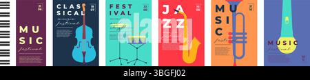 Posterset für Jazz- und Klassikfestival. Musikinstrumente Saxophon, Trompete und Klavier. Minimale bunte flache Vektordrucke. Klassische Sommerkonzerte, Partyflyer oder Festveranstaltungen. Stock Vektor