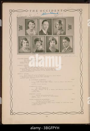 Das Jahrbuch der West High School 1930 mit dem Titel *The Occident* beleuchtet die Geschichte der Schule, die 1908 an der 120 South Central Avenue eröffnet wurde. Das Jahrbuch reflektiert die frühen Jahre der Schule mit 19 Lehrern und 457 Schülern bis 1916. Der Direktor war Otto H. Magly, der stellvertretende Direktor Augusta Connolley. 1929 wurde das neue Gebäude der West High an der 179 South Powell Avenue eröffnet, das vom Architekten Howard Dwight Smith entworfen wurde. Stockfoto