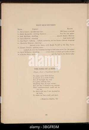 Das Jahrbuch der West High School 1930 mit dem Titel The Occident spiegelt die Geschichte der Schule wider. Die West High wurde am 8. September 1908 an der 120 South Central Avenue eröffnet. 1916 hatte sie 19 Lehrer und 457 Schüler. Der Direktor war Otto H. Magly, mit Augusta Connolley als stellvertretender Direktor. Die Schule zog 1929 in ein neues Gebäude um, das von Howard Dwight Smith, dem Architekten hinter dem Ohio Stadium, entworfen wurde. Die Starling Junior High wurde im alten Gebäude eröffnet und 2012 geschlossen. Stockfoto