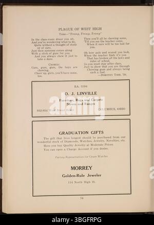 Dieses Jahrbuch der West High School 1930 mit dem Titel „Occident“ dokumentiert die Geschichte und die Ereignisse der Schule seit ihrer Gründung im Jahr 1908 an der 120 South Central Avenue. 1916 hatte die West High 457 Schüler und 19 Lehrer. Der Direktor Otto H. Magly und der stellvertretende Direktor Augusta Connolley leiteten die Schule in dieser Zeit. Ein neues Gebäude, entworfen von Howard Dwight Smith, wurde 1927 in der South Powell Avenue 179 gebaut und 1929 eröffnet. Das ursprüngliche Gebäude wurde später in die Starling Junior High School umgewandelt. Die Second West High wird ab 2018 weiter betrieben. Stockfoto