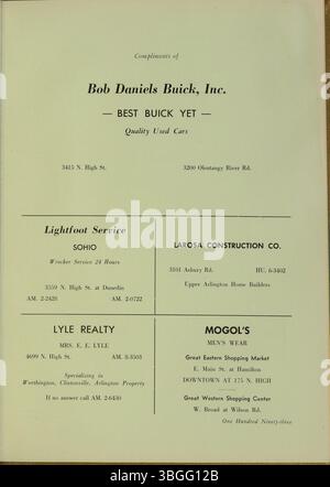 Das ist das Jahrbuch 1956 für die Aquinas College High School. Das Gebäude der Aquinas College High School wurde vom Columbus Technical Institute gekauft und später in Aquinas Hall am Columbus State Community College umbenannt. Stockfoto