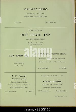 Das ist das Jahrbuch 1956 für die Aquinas College High School. Das Gebäude der Aquinas College High School wurde vom Columbus Technical Institute gekauft und später in Aquinas Hall am Columbus State Community College umbenannt. Stockfoto