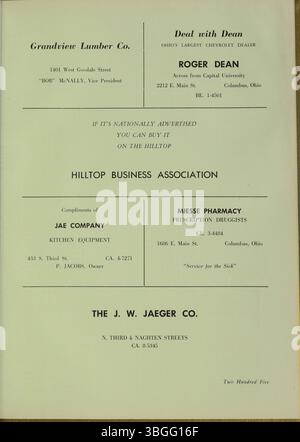 Das ist das Jahrbuch 1956 für die Aquinas College High School. Das Gebäude der Aquinas College High School wurde vom Columbus Technical Institute gekauft und später in Aquinas Hall am Columbus State Community College umbenannt. Stockfoto