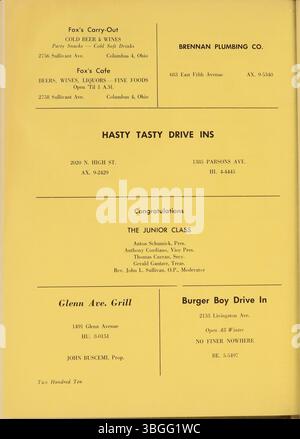 Das ist das Jahrbuch 1956 für die Aquinas College High School. Das Gebäude der Aquinas College High School wurde vom Columbus Technical Institute gekauft und später in Aquinas Hall am Columbus State Community College umbenannt. Stockfoto
