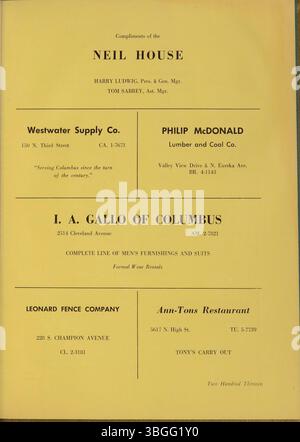 Das ist das Jahrbuch 1956 für die Aquinas College High School. Das Gebäude der Aquinas College High School wurde vom Columbus Technical Institute gekauft und später in Aquinas Hall am Columbus State Community College umbenannt. Stockfoto