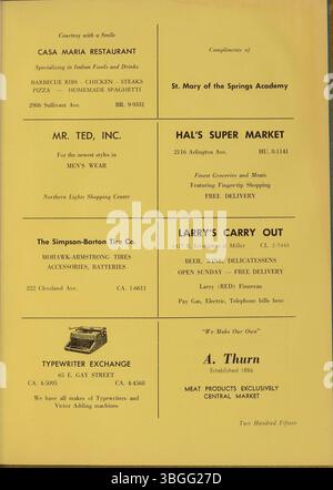 Das ist das Jahrbuch 1956 für die Aquinas College High School. Das Gebäude der Aquinas College High School wurde vom Columbus Technical Institute gekauft und später in Aquinas Hall am Columbus State Community College umbenannt. Stockfoto