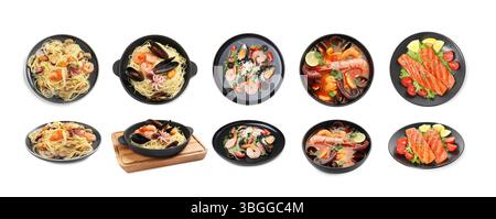 Leckere Gerichte mit Meeresfrüchten isoliert auf weiß, Collage. Draufsicht und Seitenansicht Stockfoto
