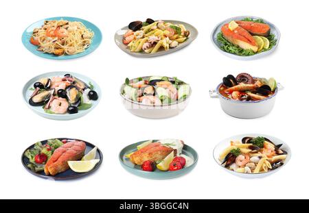 Leckere Gerichte mit Meeresfrüchten isoliert auf weiß, Set Stockfoto