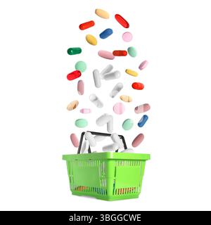 Verschiedene Pillen fallen in den Warenkorb auf weißem Hintergrund Stockfoto