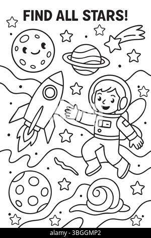 Eine Ausmalseite eines Astronauten und einer Rakete im Weltraum Stock Vektor