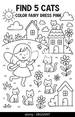 Finde eine Ausmalseite mit 5 Katzen in pinken Märchenkleidung Stock Vektor