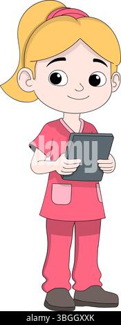 Niedliche Zeichentrickillustration einer jungen Krankenschwester in rosa Uniform, die eine Tablette hält. Ideal für medizinische, pädiatrische oder pädagogische Inhalte. Stock Vektor