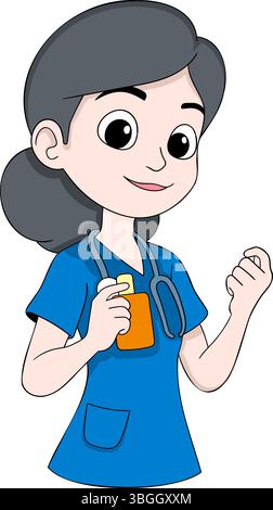 Illustration einer Krankenschwester im Cartoon-Stil, die blaue Peelings und ein Stethoskop trägt und eine Arzneiflasche hält Stock Vektor