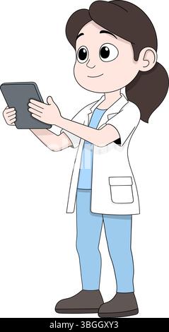 Illustration einer Ärztin im Zeichentrickstil, die einen weißen Mantel trägt und ein digitales Tablet hält. Stock Vektor