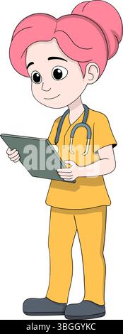Cartoon-Illustration einer Krankenschwester mit rosafarbenen Haaren, die gelbe Peelings und ein Stethoskop trägt und die Patientendaten auf einem digitalen Tablet sorgfältig überprüft Stock Vektor