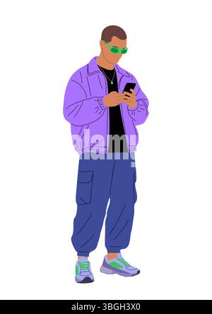Trendiger junger Mann in Streetwear mit Smartphone Stock Vektor