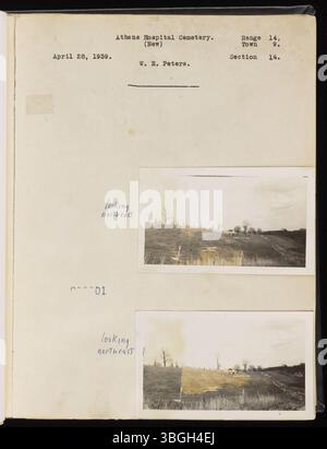 Range Book v. 07: Range 14, Town 9 enthält fotografische Aufzeichnungen von Athens Township, Athens County, Ohio, von 1811 bis 1949. Dieses von W. E. Peters erstellte Sammelalbum dokumentiert Friedhöfe, Hügel der Ureinwohner, Schulhäuser mit einem Zimmer und Bergbaustätten. konzentrieren Sie sich auf diejenigen, die gefährdet waren oder verschwunden sind. Fotografien des Staatlichen Krankenhauses Athen, später als Athener Zentrum für psychische Gesundheit bekannt, sind enthalten. Stockfoto