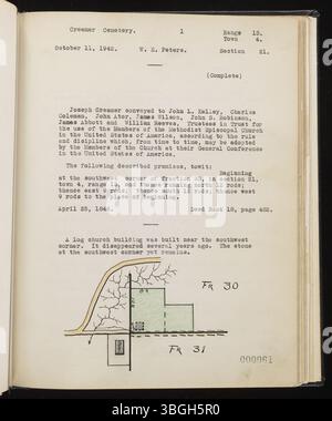 Zwischen 1938 und 1942 verfasste W.E. Peters ein Scrapbook, in dem bedeutende Werke in Lodi Township, Athens County, Ohio, dokumentiert wurden. Der Band enthält Bilder von Friedhöfen, Hügeln der Ureinwohner, Bergbaustätten und anderen Merkmalen, wobei der Schwerpunkt auf der Erhaltung von Standorten liegt, die Gefahr laufen, verloren zu gehen oder beschädigt zu werden. Stockfoto
