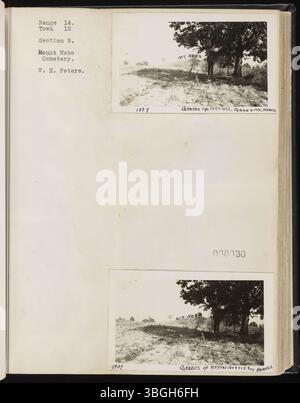 Range Book v. 14: Range 14, Town 10 (Dover Township, Athens County, Ohio) enthält Fotografien, die historische Merkmale wie Friedhöfe, Hügel der Ureinwohner, Einzimmerschulhäuser und Bergbaustätten von 1896 bis 1941 dokumentieren. Diese Bilder zeigen Stätten, die von Vernachlässigung oder Entwicklung bedroht waren und durch W.E. Peters Scrapbook Bemühungen erhalten wurden. Stockfoto