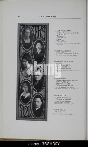 Die Ausgabe 1921 des Polaris Annual Jahrbuchs der North High School dokumentiert die reiche Geschichte der Schule unter der langjährigen Leitung von Direktor Charles D. Everett. Es beschreibt den architektonischen Entwurf der Schule von Frank L. Packard im romanischen Stil. Das Gebäude wurde 1924 durch ein neues Gebäude an der 100 East Arcadia Avenue ersetzt und die Schule wurde 1979 geschlossen und 2012 als Columbus International High School wieder eröffnet. Stockfoto