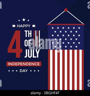 Happy America Independence Day mit hängender vertikaler US-Flagge auf dunkelblauem Hintergrund. Feiern Sie die Begrüßung am 4. Juli, die für Social-Media-Beiträge geeignet ist Stock Vektor