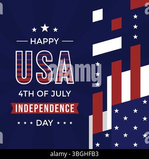 Begrüßung zum amerikanischen Unabhängigkeitstag mit Flaggenelementen und Sternen auf dunkelblauem Hintergrund. Feiern Sie den Hintergrund des Unabhängigkeitstages am 4. Juli in den USA Stock Vektor