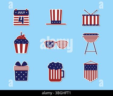 Eine Kollektion von Designelementen für den 4. Juli mit amerikanischen Flaggenfarben. Design-Vorlagen-Set mit Aufklebern im US-Stil Stock Vektor