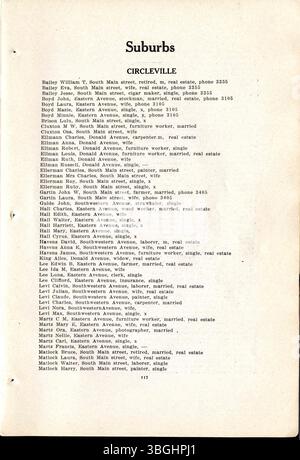 Das 1911 Rushville City- und Telefonverzeichnis bietet Geschäftslisten, Kirchen und Telefonnummern sowie eine kurze Geschichte der örtlichen öffentlichen Schule und ausgewählter Kirchen in der Gegend. Stockfoto