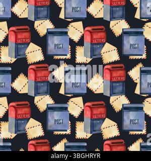 Nahtloses Aquarellmuster zum Thema Post mit dunklem Hintergrund. Blaue und rote Postfächer, Briefe, Umschläge. Alle Objekte werden mit handgezeichnet Stockfoto